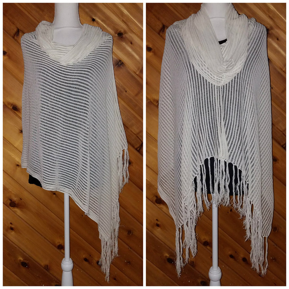 White House Black Market Sweaters - WHBM White Knit Crochet Cowl Neck Poncho Shawl